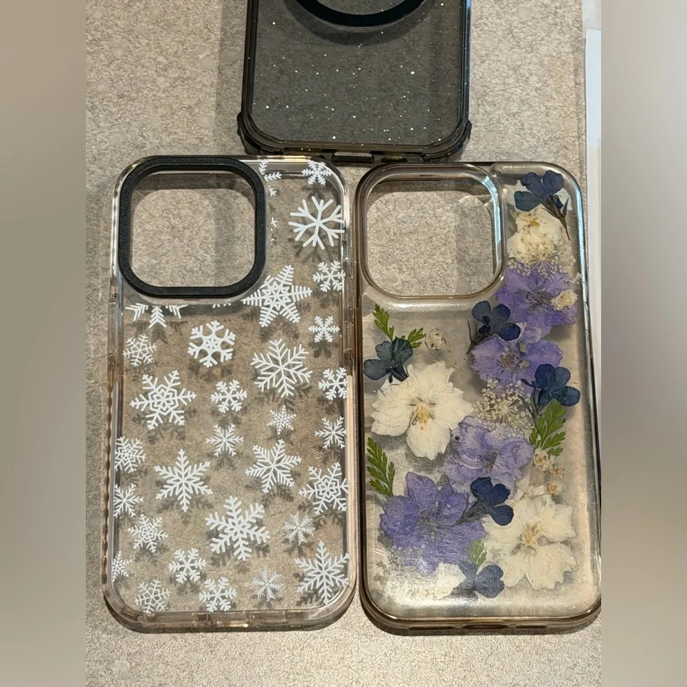 Iphone 15 Pro Max Cases (3) Snowflakes, Flowers, Sparkles Screen & Camera protec